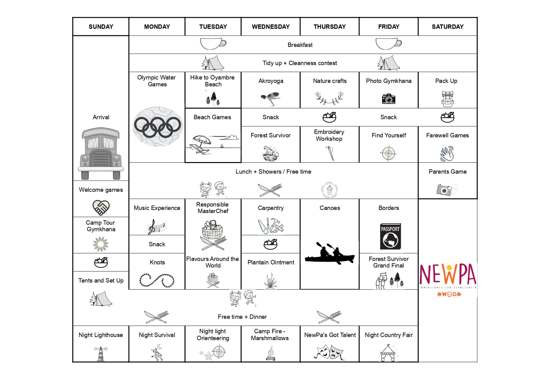 Horario ejemplo summer camps newpa campamento de verano inmersion en ingles y naturaleza<br />
